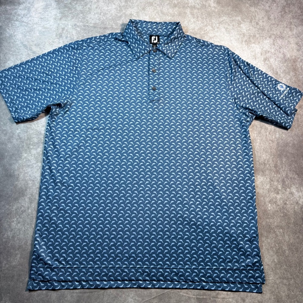 FootJoy Mens XL Blue Dolphin Print Golf Polo Shirt Tetherow Logo Performance - Picture 2 of 10